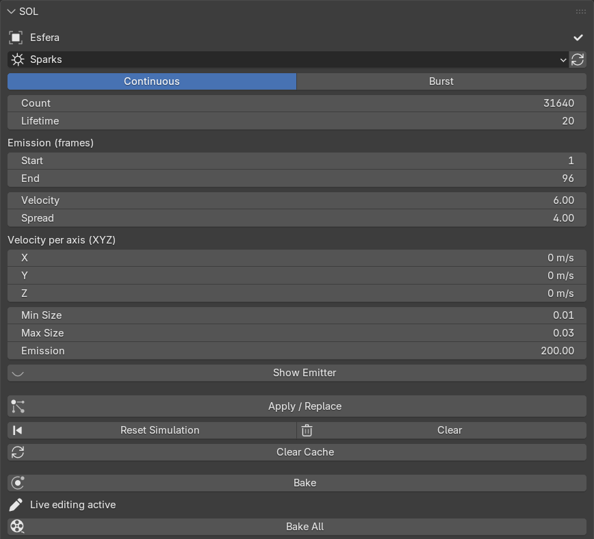 The SOL panel in the N-sidebar with the Sparks preset and the main controls visible
